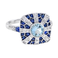 Aquamarine Sapphire Diamond Art Deco Ring in 18K White Gold