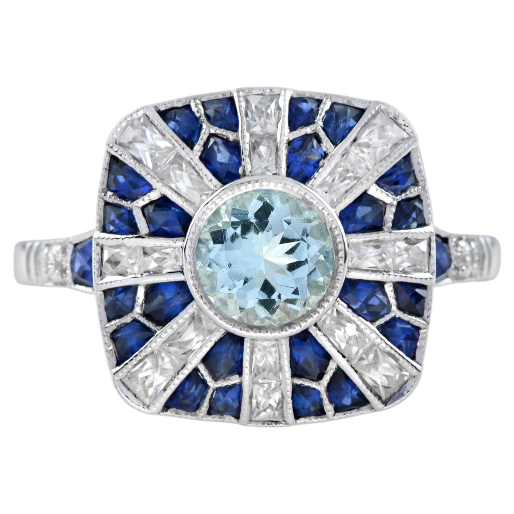 Aquamarine Sapphire Diamond Art Deco Ring in 18K White Gold For Sale