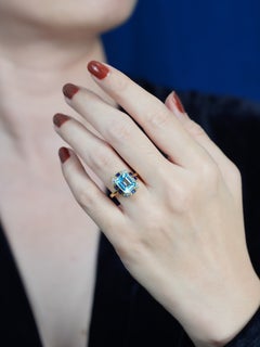 Blue Topaz Sapphire Diamond Geometric Engagement Ring in 9K Yellow Gold