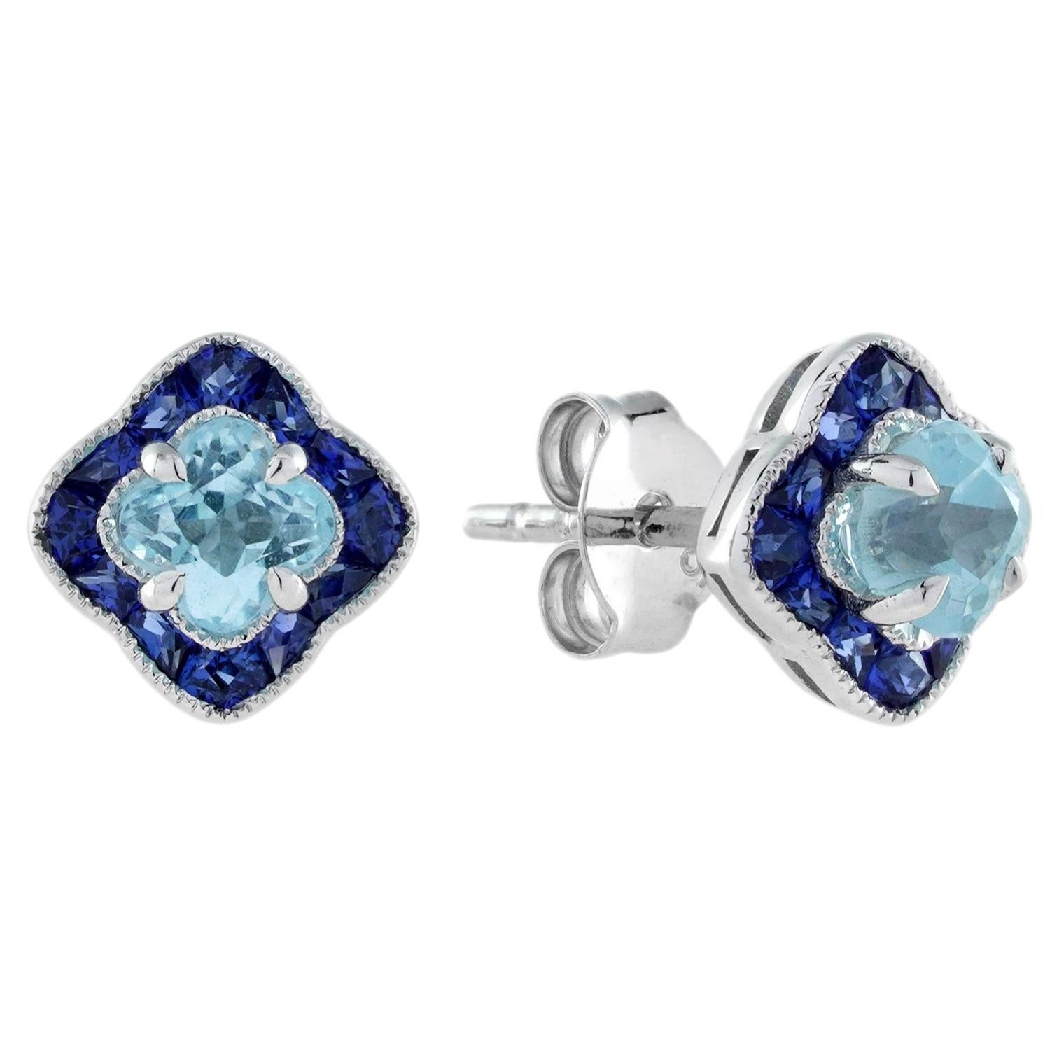 Lilly Cut Blue Topaz French Cut Sapphire Stud Earrings in 14K White Gold