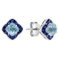 Lilly Cut Blue Topaz French Cut Sapphire Stud Earrings in 14K White Gold