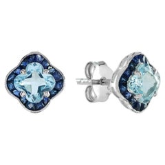 Lilly Cut Blue Topaz French Cut Sapphire Stud Earrings in 14K White Gold