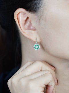 Emerald Diamond Art Deco Circular Drop Earrings in 14K White Gold