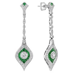 Emerald and Diamond Art Deco Elongated Drop Earrings in 14K White Gold