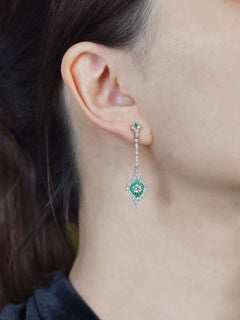 Emerald and Diamond Art Deco Elongated Drop Earrings in 14K White Gold