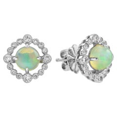 Opal and Diamond Art Deco Scalloped Halo Stud Earrings in 14K White Gold