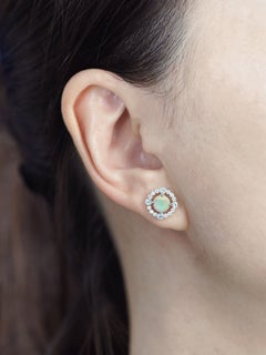 Opal and Diamond Art Deco Scalloped Halo Stud Earrings in 14K White Gold