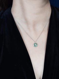 Emerald Diamond Art Deco Circular Pendant in 14K White Gold