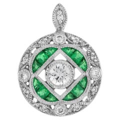 Emerald Diamond Art Deco Circular Pendant in 14K White Gold