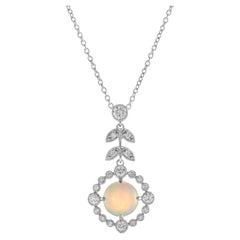 Ethiopian Opal Diamond Leaf Accent Scalloped Pendant Necklace in 14K White Gold