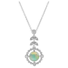 Ethiopian Opal Diamond Leaf Accent Scalloped Pendant Necklace in 14K White Gold