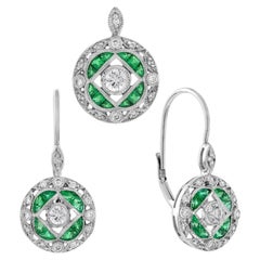 Emerald Diamond Art Deco Pendant and Earrings Set in 14K White Gold