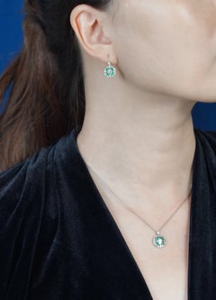 Emerald Diamond Art Deco Pendant and Earrings Set in 14K White Gold