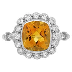 Citrine Diamond Scalloped Halo Bezel Ring in 14K White Gold