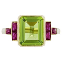 Peridot Ruby Gemstone Art Deco Style Milgrain Ring 9k Yellow Gold