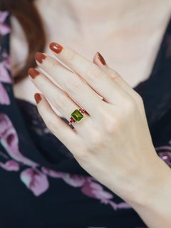 Peridot Ruby Gemstone Art Deco Style Milgrain Ring 9k Yellow Gold