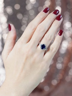 Blue Sapphire Diamond Baguette Halo Art Deco Style Engagement Ring 14k Gold