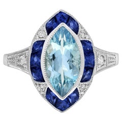 Aquamarine Sapphire Diamond Marquise Ring in 14K White Gold