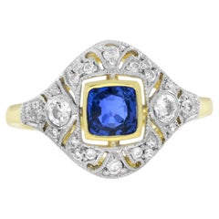 Ceylon Sapphire Diamond Art Deco Style Engagement Ring in 14K Two Tone Gold
