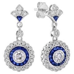 Diamond Blue Sapphire Target Halo Art Deco Style Drop Earrings 18k White Gold
