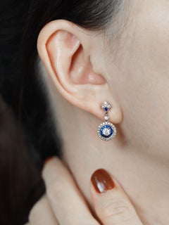 Diamond Blue Sapphire Target Halo Art Deco Style Drop Earrings 18k White Gold
