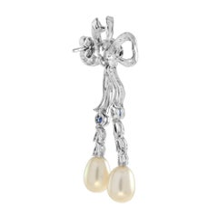 Sapphire Pearl Diamond Bow Drop Earrings in 14K White Gold