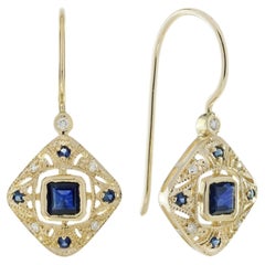 Blue Sapphire Diamond Filigree Art Deco Drop Earrings in 14K Yellow Gold