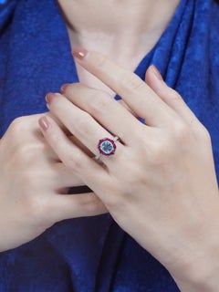 Blue Topaz Ruby Diamond Halo Art Deco Ring in 14K White Gold