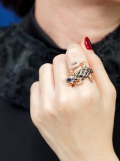 Multi Gemstone Sapphire Emerald Lizard Statement Ring in 14K Rose Gold