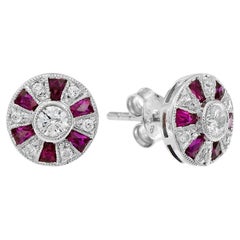 French Cut Ruby and Diamond Ferris Wheel Stud Earrings in 14K White Gold