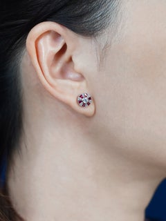 French Cut Ruby and Diamond Ferris Wheel Stud Earrings in 14K White Gold