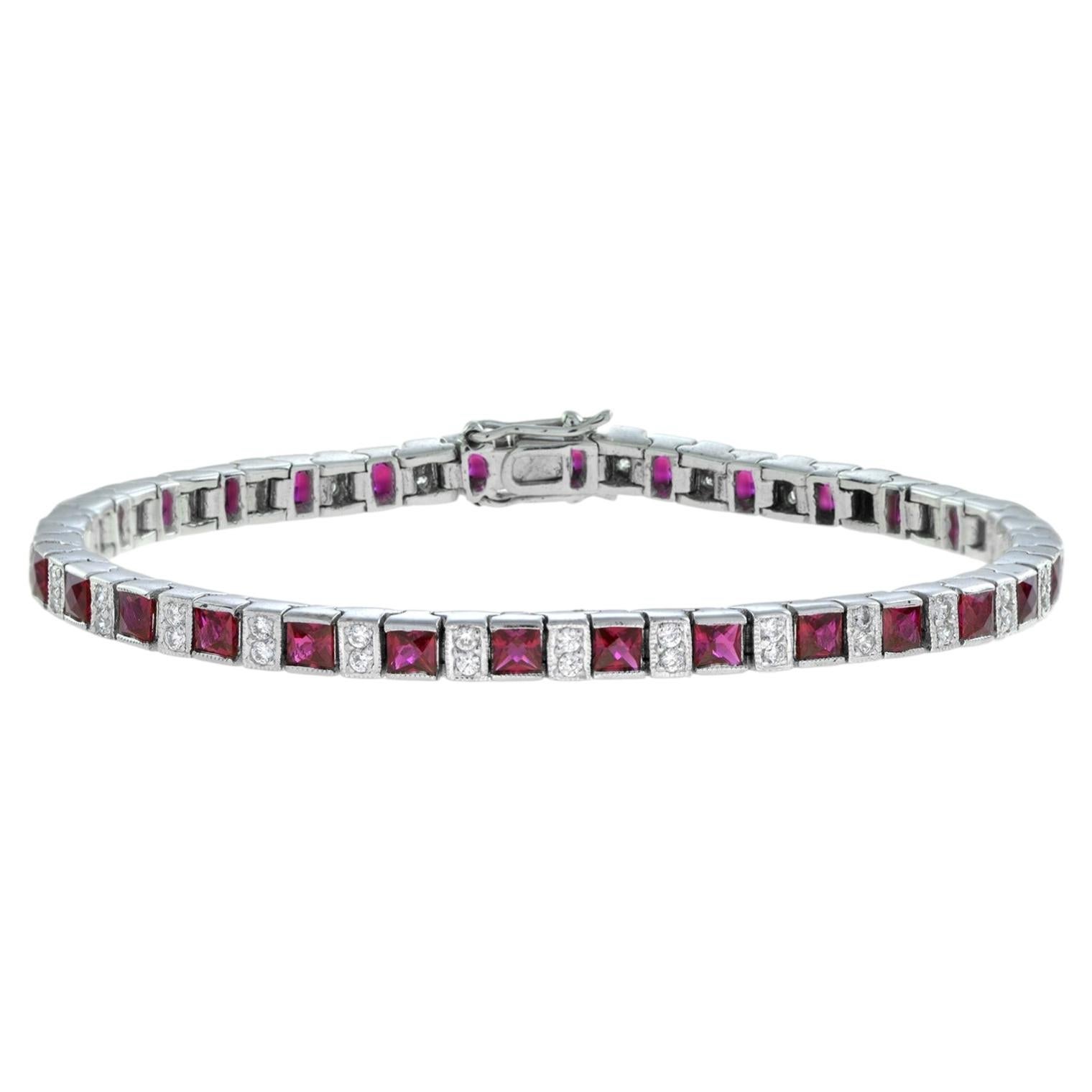 14K White Gold Custom Cut Ruby and Round Diamond Art Deco Bracelet 7.0 ...