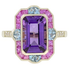 Emerald Cut Amethyst Aquamarine Pink Sapphire Diamond Ring 14K Gold