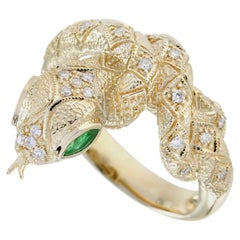 Emerald and Diamond Snake Ring in 14K Yellow Gold