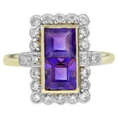 Double Amethyst and Diamond Halo Ring in 9K Yellow Gold
