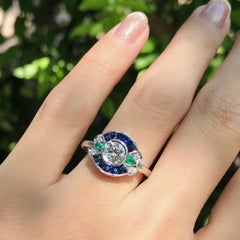Diamond Emerald Sapphire Marquise Motif Art Deco Style Ring in 18k White Gold