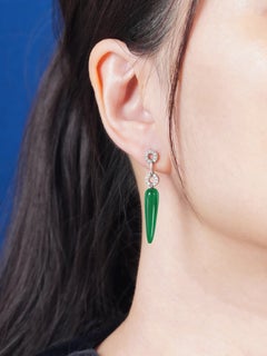 Green Agate Diamond Geometric Art Deco Style Drop Earrings in 14k Yellow Gold