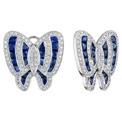 Butterfly Sapphire Diamond Art Deco Style Stud Earrings in 18k White Gold