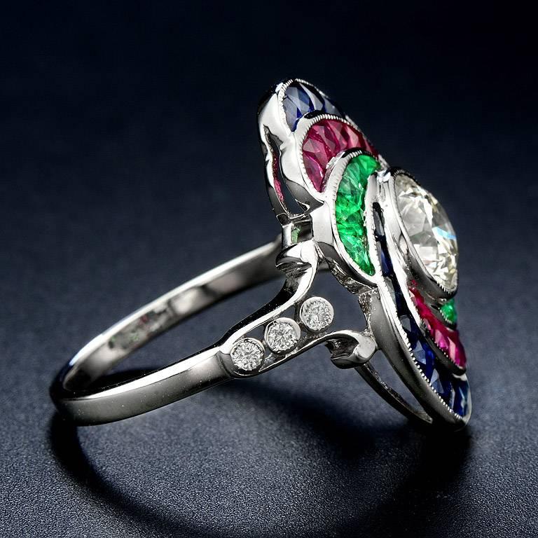Art Deco GIA Certified 1.21 Carat Diamond with Emerald Ruby Sapphire 18 Karat Gold Ring