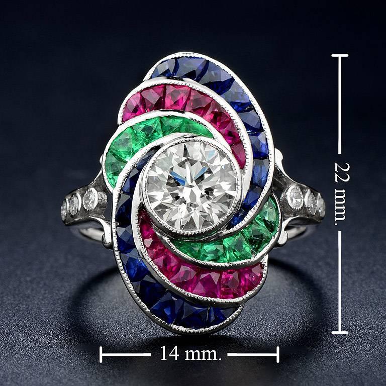 Women's GIA Certified 1.21 Carat Diamond with Emerald Ruby Sapphire 18 Karat Gold Ring