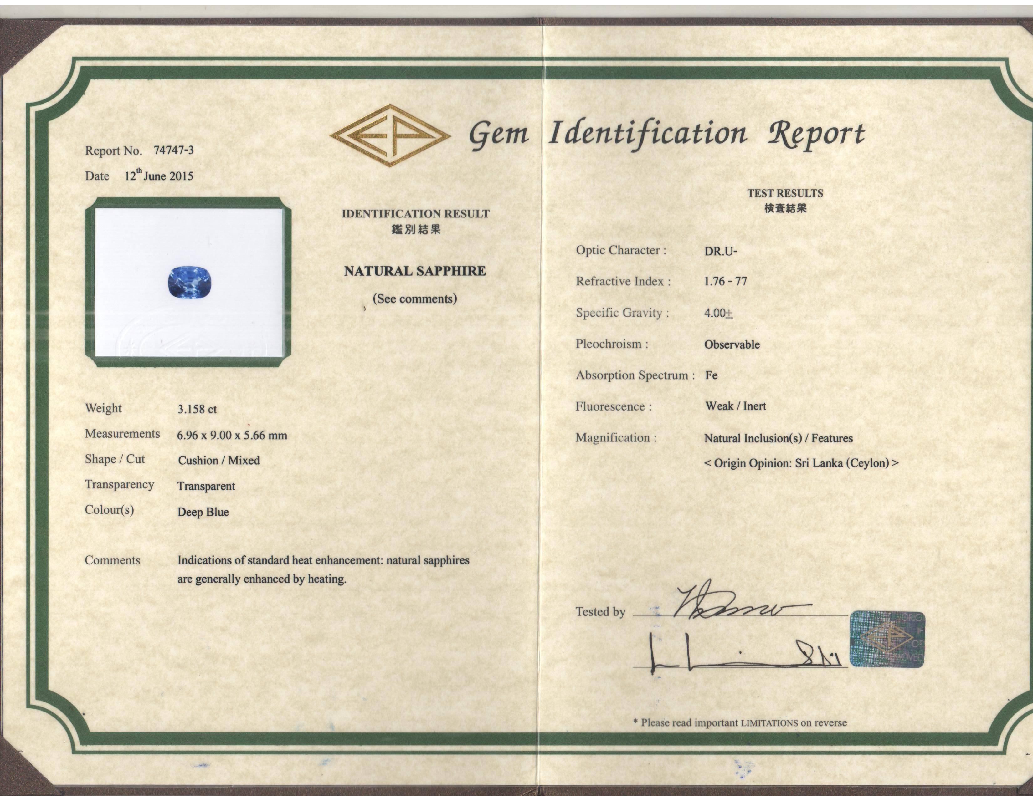 Certified 3.158 Carat Ceylon Sapphire Diamond Platinum Ring 1