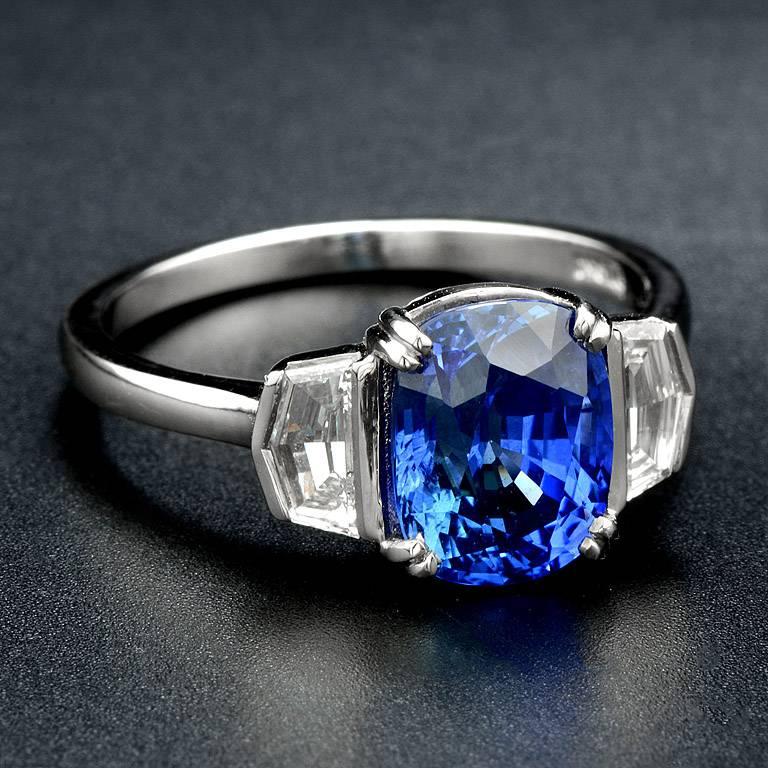 Classic Engagement Ring set with Certified 3.158 Carat Natural Deep Blue Ceylon Sapphire.  The Sapphire is paired with F color VS clarity Diamond 0.49 Carat.

The ring was made of Platinum 950 size US#7