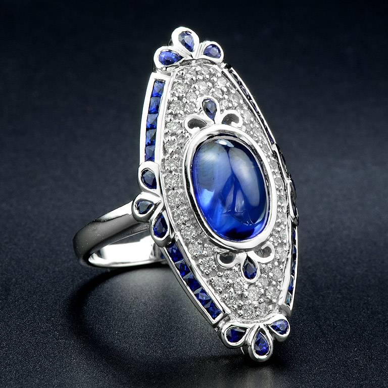 1930 style, Ceylon Sapphire weight 3.813 Carat set with French Cut Sapphire 1.80 Carat around the ring.  Together with Diamond 0.38 Carat on 18K White Gold Ring making an outstanding choice for any Gala.

The ring was made in size US#7