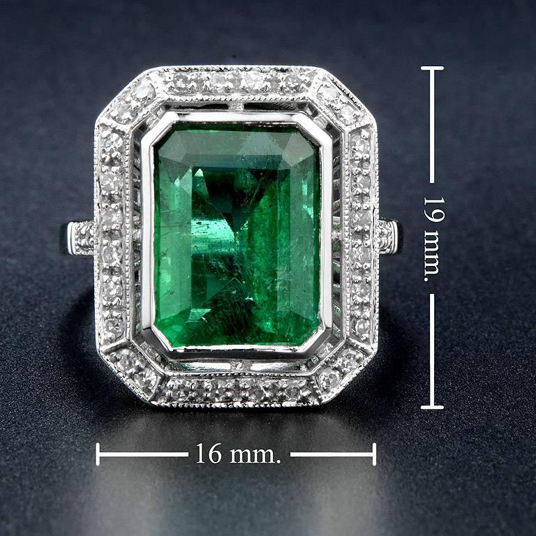 Women's Certified 6.401 Carat Zambian Emerald Diamond 18 Karat White Gold Cocktail Ring