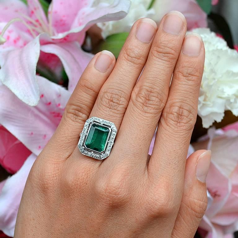 Certified 6.401 Carat Zambian Emerald Diamond 18 Karat White Gold Cocktail Ring 1