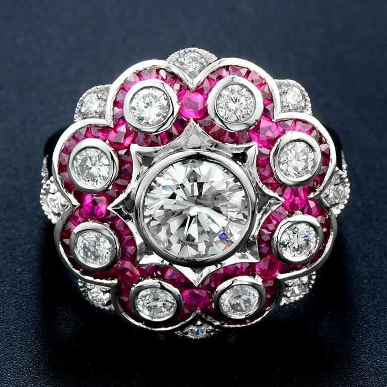 Center Natural White Diamond weight 1.28 Carat and small melee Diamond 0.69 Carat with Natural Ruby 2.37 Carat.  This Art Deco style Ring was made of Platinum 950 size US#7