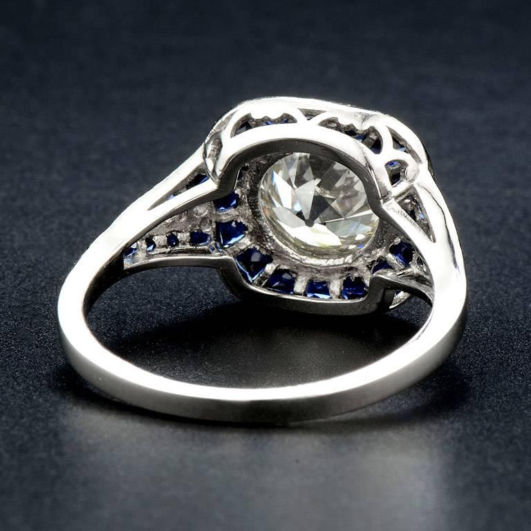 Old European Cut Certified 1.61 Carat Diamond Sapphire Platinum Engagement Ring