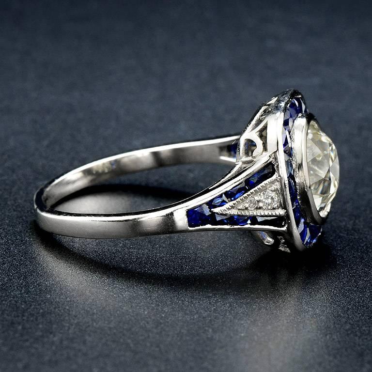 Art Deco Certified 1.61 Carat Diamond Sapphire Platinum Engagement Ring