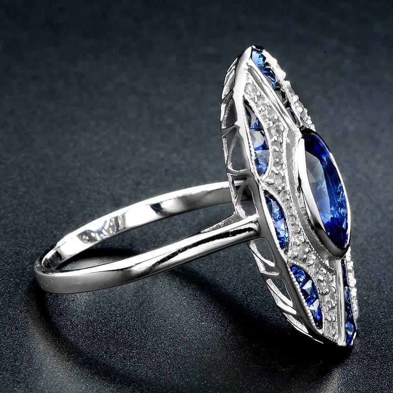 Oval Cut Art Deco Ceylon Sapphire Diamond Cocktail Ring