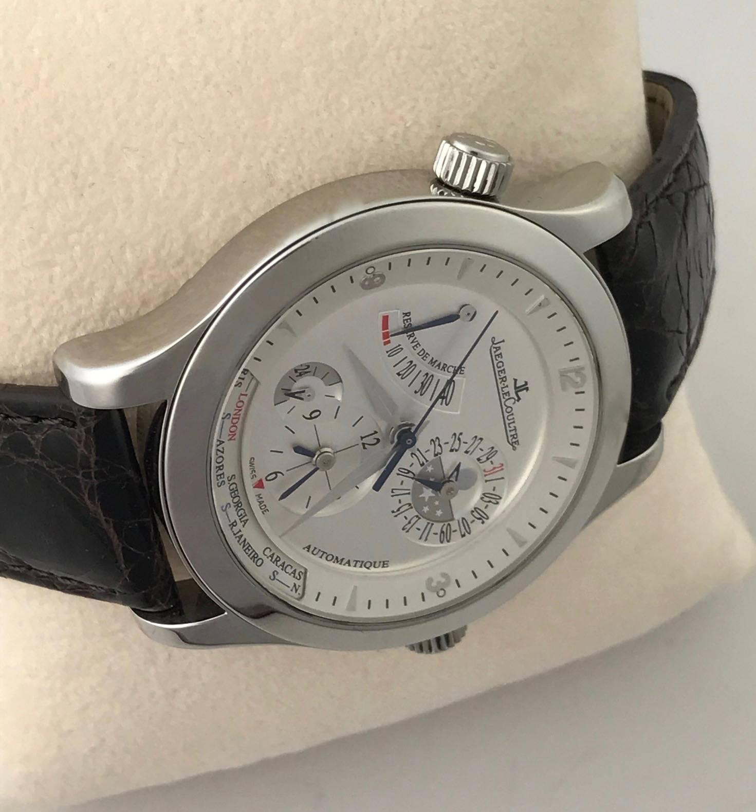 Contemporary Jaeger LeCoultre stainless Steel Master Geographique Automatic Wristwatch